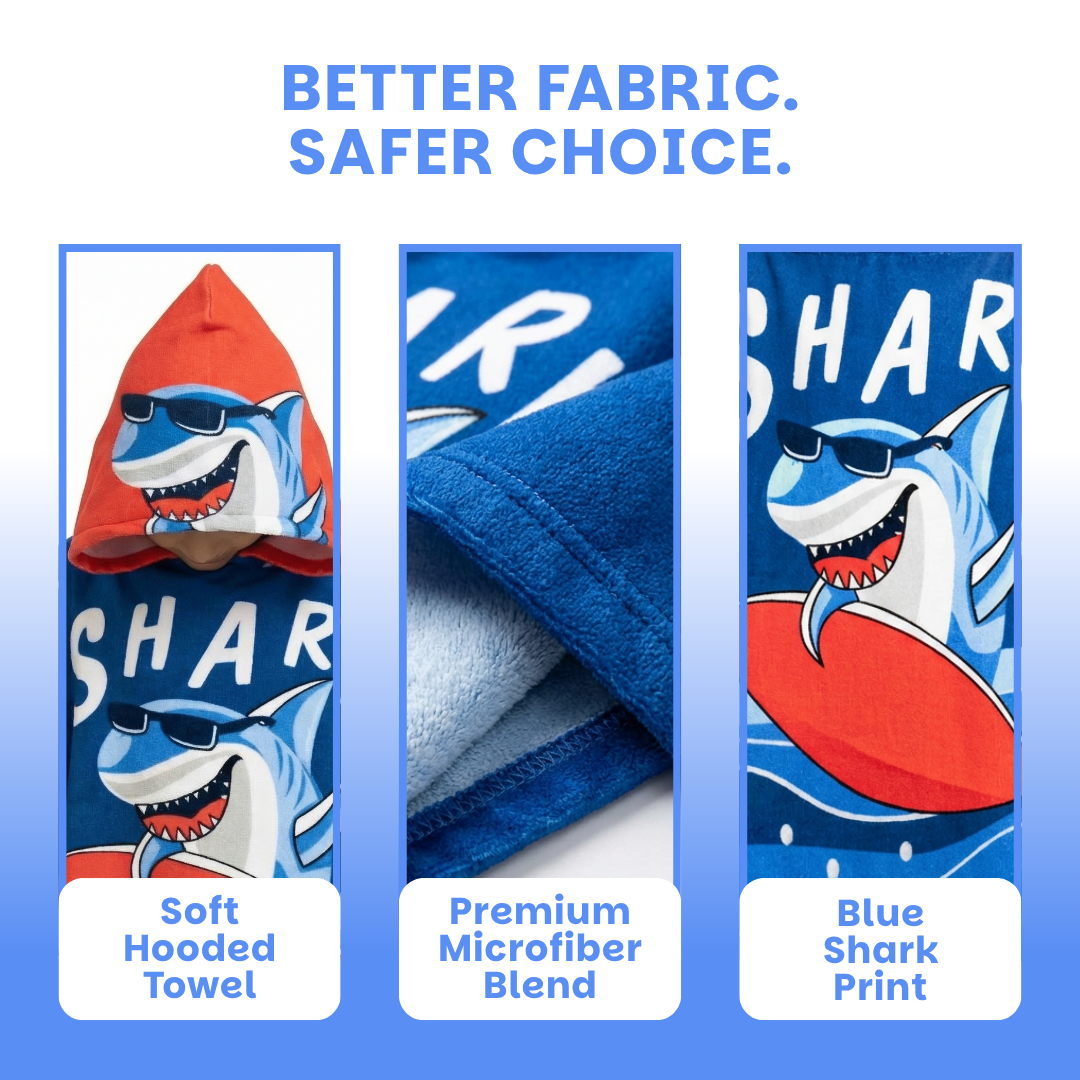 Dark Blue Shark Dive Poncho Bath Towel for Kids, 1-7 years | Quick-Drying Microfiber Kids Towel