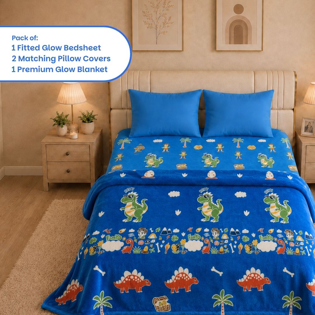 Rexy the Dino Glow in the Dark Quilt/Blanket/AC Comforter & Glow Bedsheet Set for Kids | 4 PC Queen Size Bedding Set | Glow Maxx Series