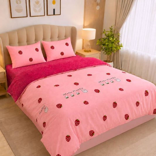 5pc Kids Bed Set – King Size Fitted Bedsheet , Comforter Cover, 2 Pillow Covers & Comforter | Strawberry Pink Theme