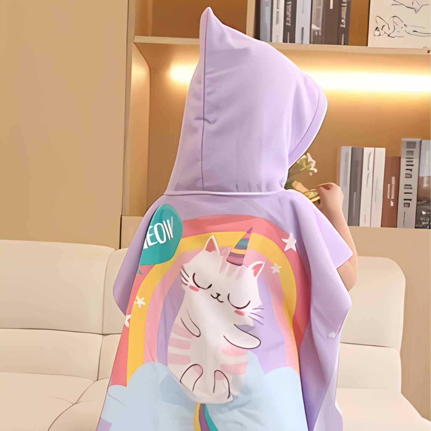 Purple Cat Unicorn Poncho Bath Towel for Kids, 1-7 years | Quick-Drying Microfiber Kids Towel