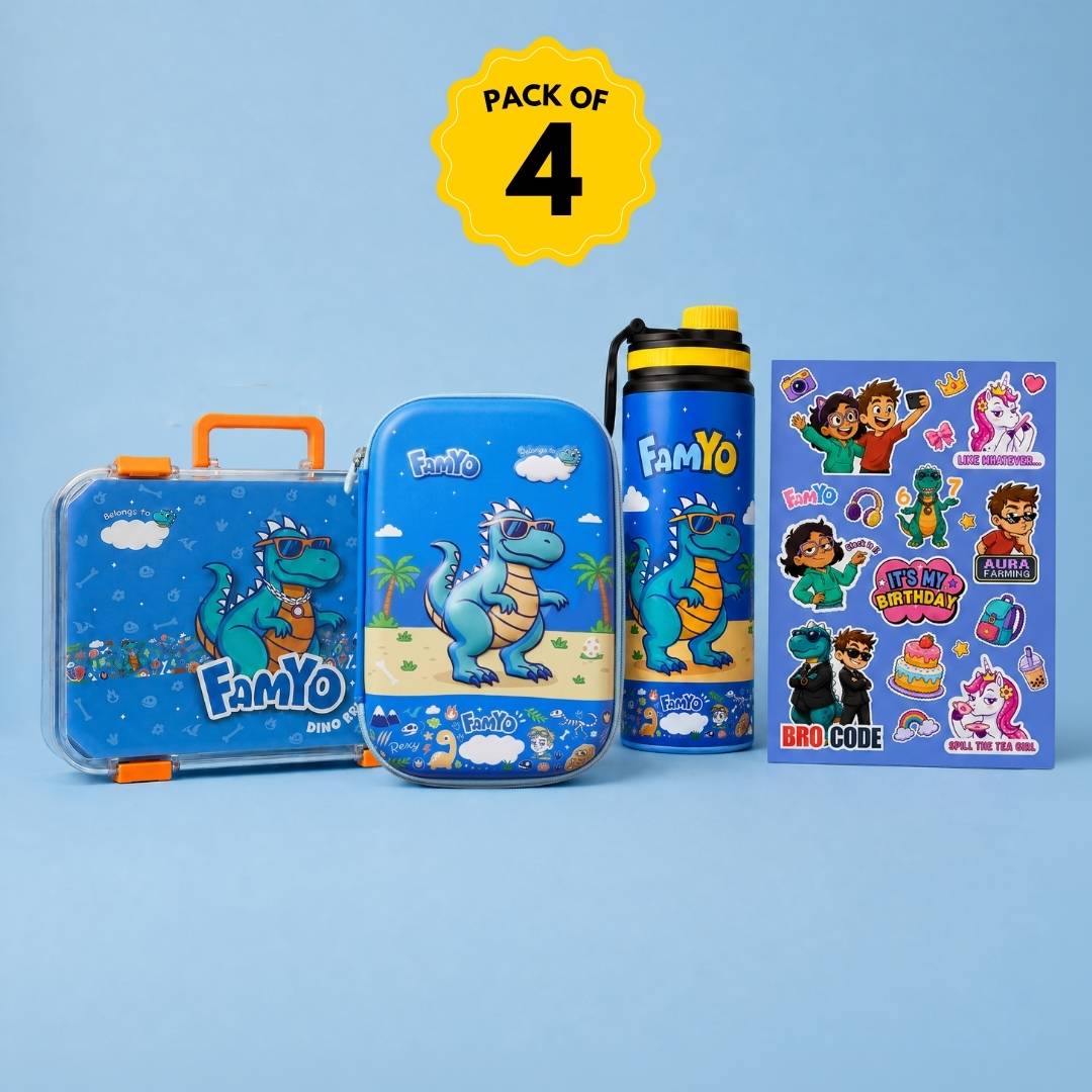 Famyo Rexy Dinosaur combo kit for kids - bento lunch box, water bottle, pencil pouch, sticker sheet