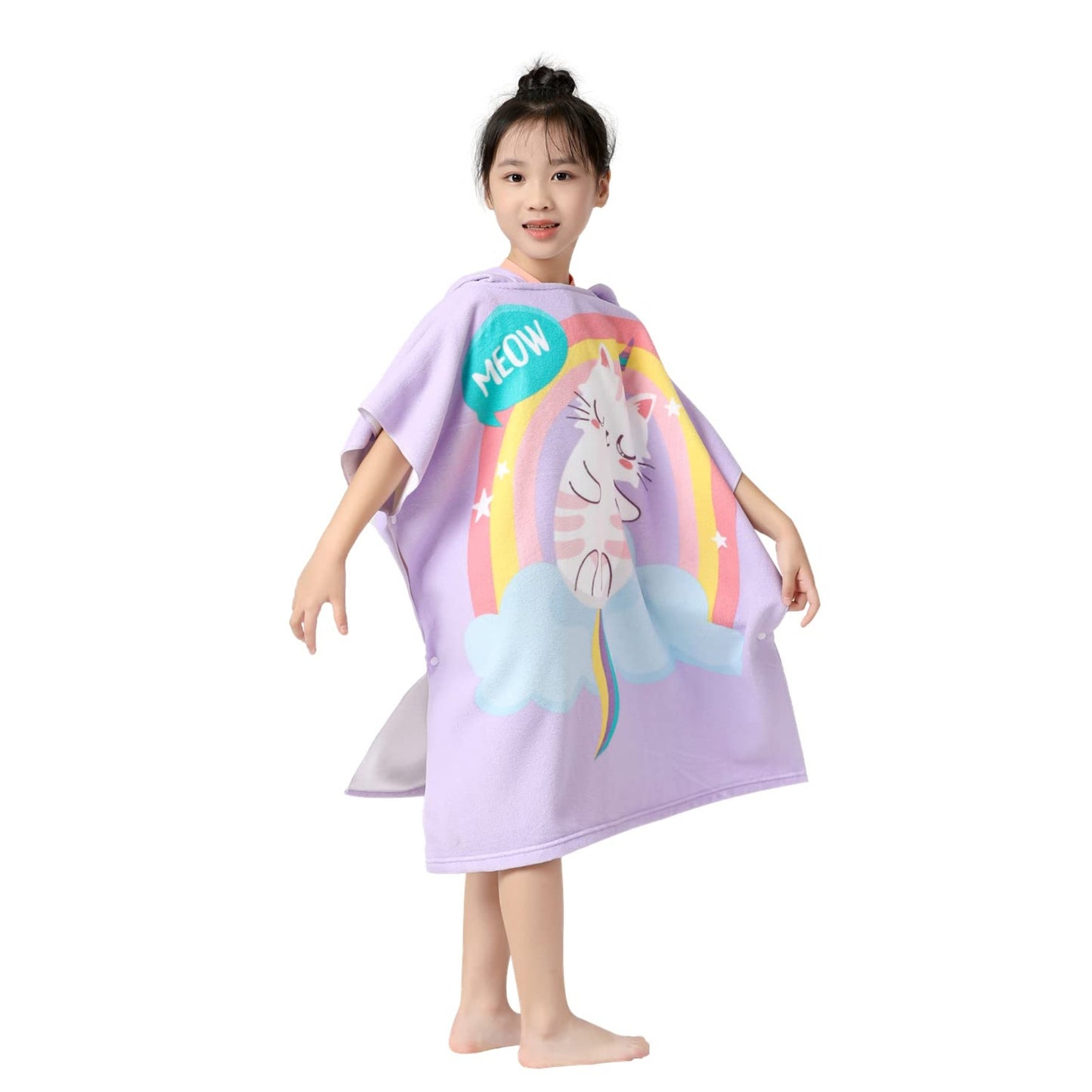 Purple Cat Unicorn Poncho Bath Towel for Kids, 1-7 years | Quick-Drying Microfiber Kids Towel