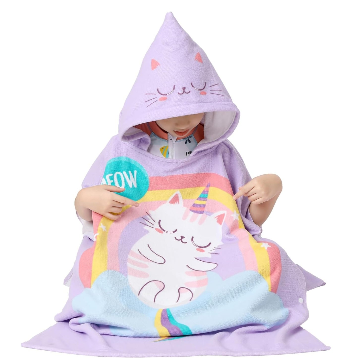 Purple Cat Unicorn Poncho Bath Towel for Kids, 1-7 years | Quick-Drying Microfiber Kids Towel