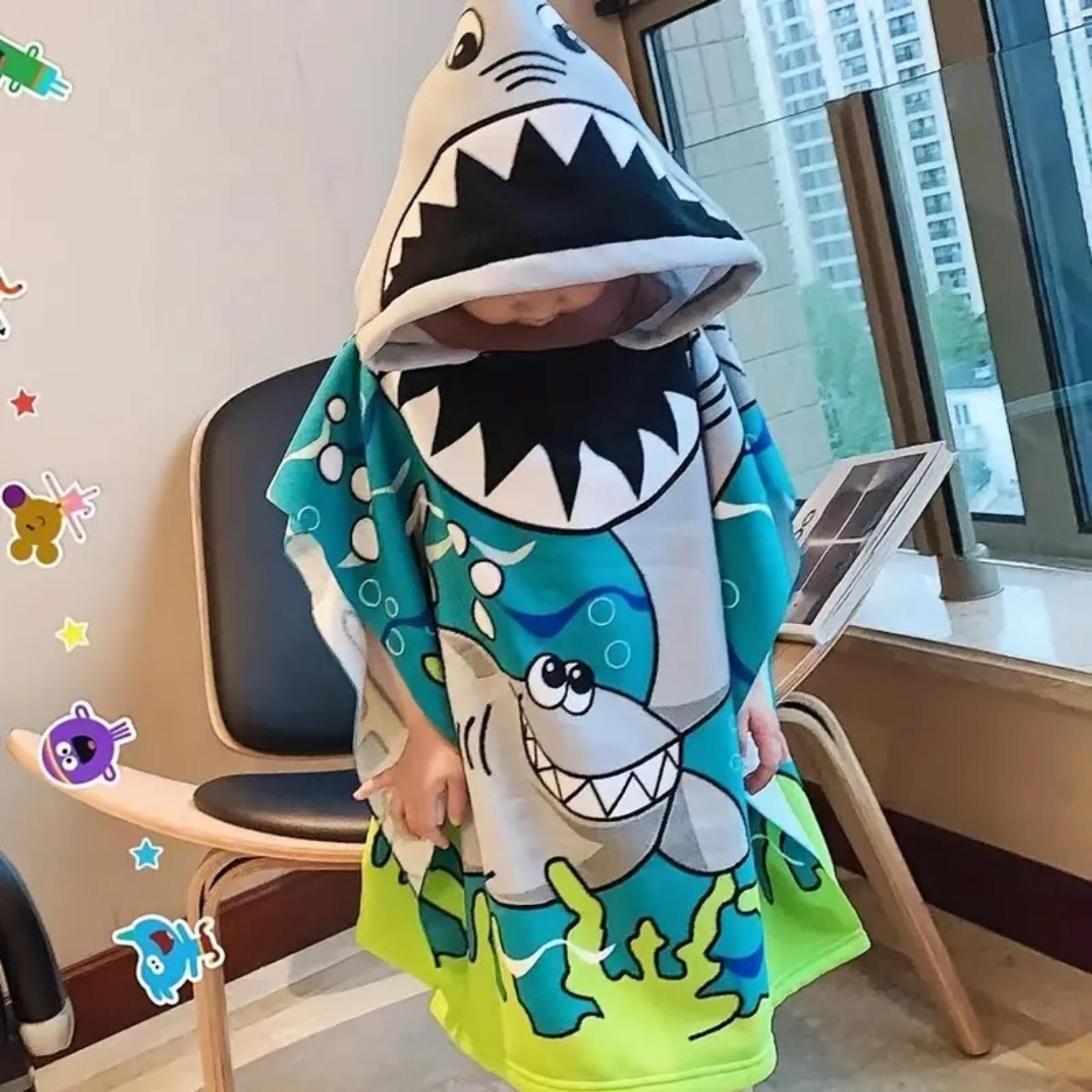 Cute Shark Poncho Towel for Kids | Hooded Beach Bath Towels for Boys & Girls | 60 x 60cm Toddler Pool Towel with Hood