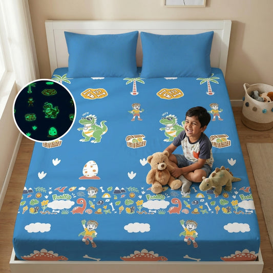 Rexy the Dino King Size Glow Bedsheet Set | Glow Maxx Series | 300 TC Premium Cotton-Blend Microfiber | Perfect Gift for Kids