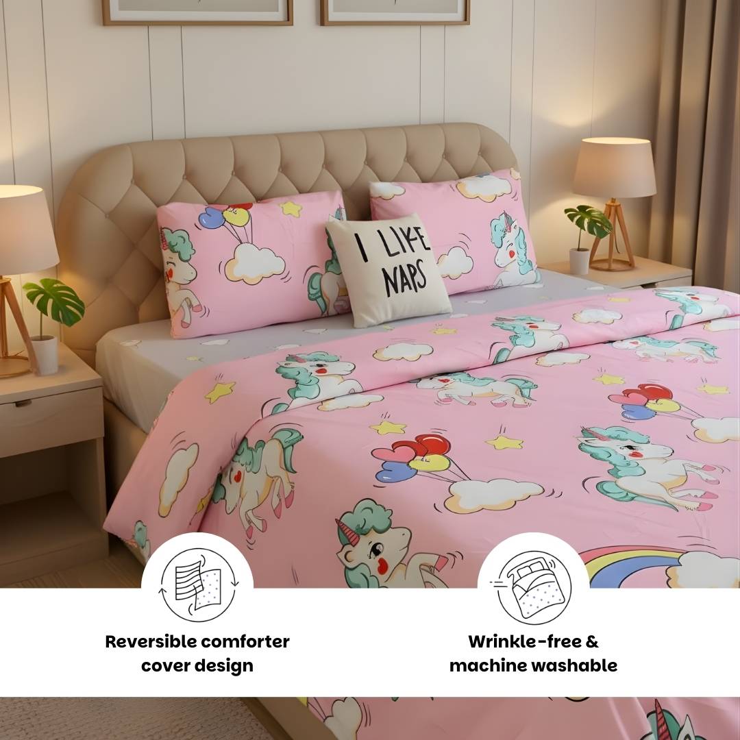Pink Unicorn & Rainbow 250TC King Bed Sheet Set (Set of 4 or Set of 5)