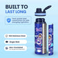 Kids stainless steel water bottle available in June the Unicorn, Rexy the Dinosaur, Leo the Astronaut, Dark Blue Astronaut, and Lavender Unicorn designs, featuring a 900 ml capacity, ideal for school, travel, and everyday hydration.