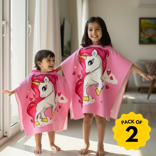 Set of 2 – Famyo Pink Unicorn Poncho Bath Towels for Kids (1–7 Years) | Quick-Drying Microfiber Hooded Towels | Perfect for Bath, Beach & Gifting Famyo Shop WH