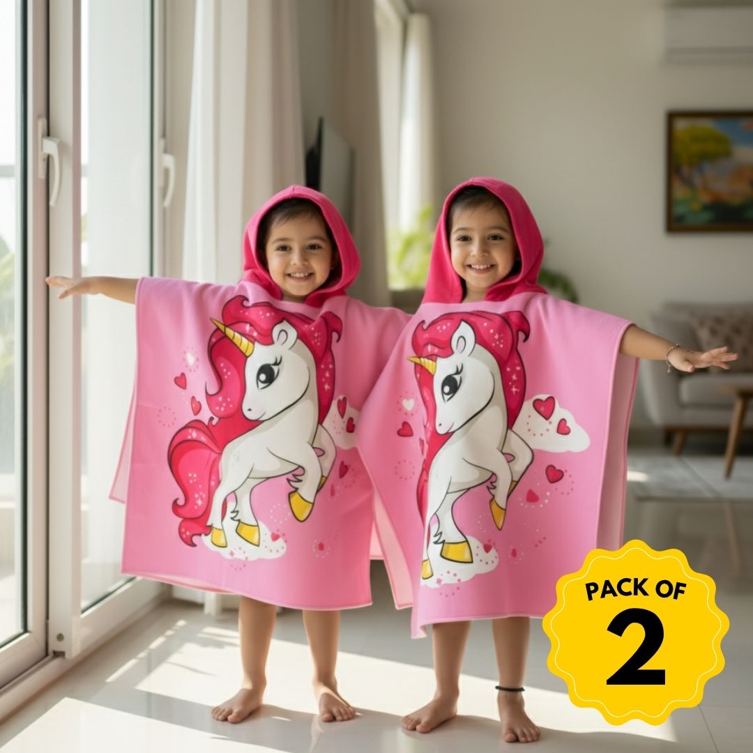 Set of 2 – Famyo Pink Unicorn Poncho Bath Towels for Kids (1–7 Years) | Quick-Drying Microfiber Hooded Towels | Perfect for Bath, Beach & Gifting Famyo Shop WH