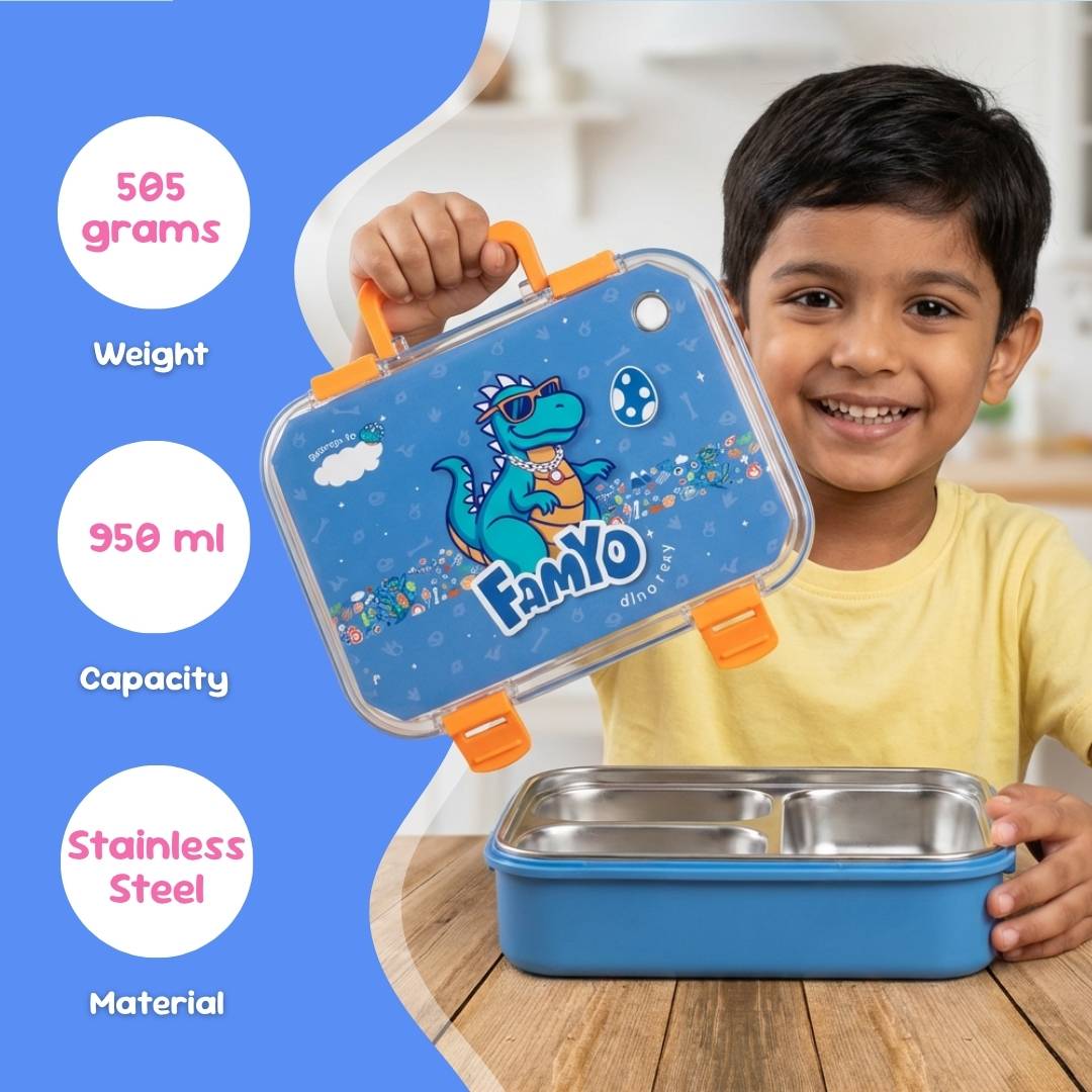 famyo bento lunch box weighs 500 gms, holds 950 ml and s made of stainless steel