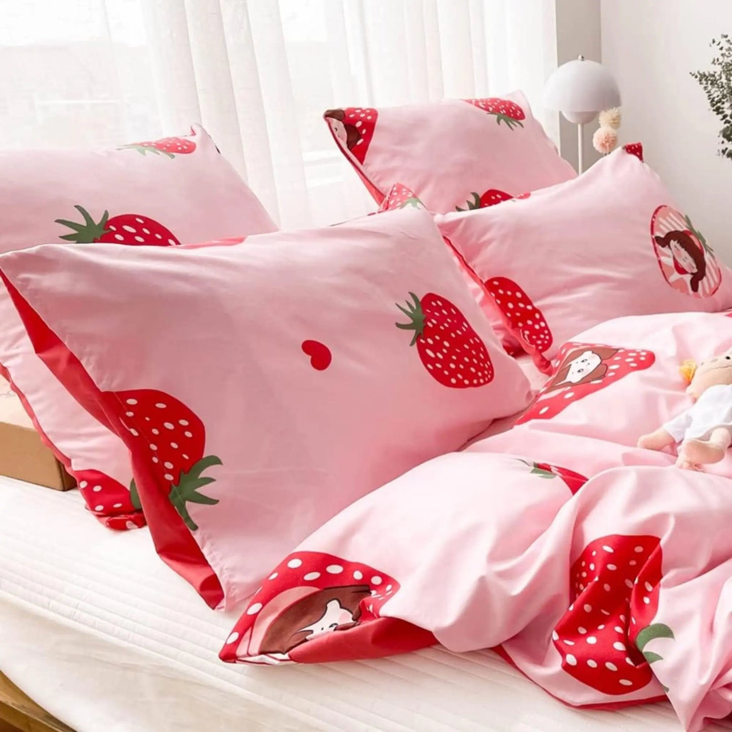 Famyo's Strawberry fitted Queen Size Bedsheet and 2X matching pillow covers