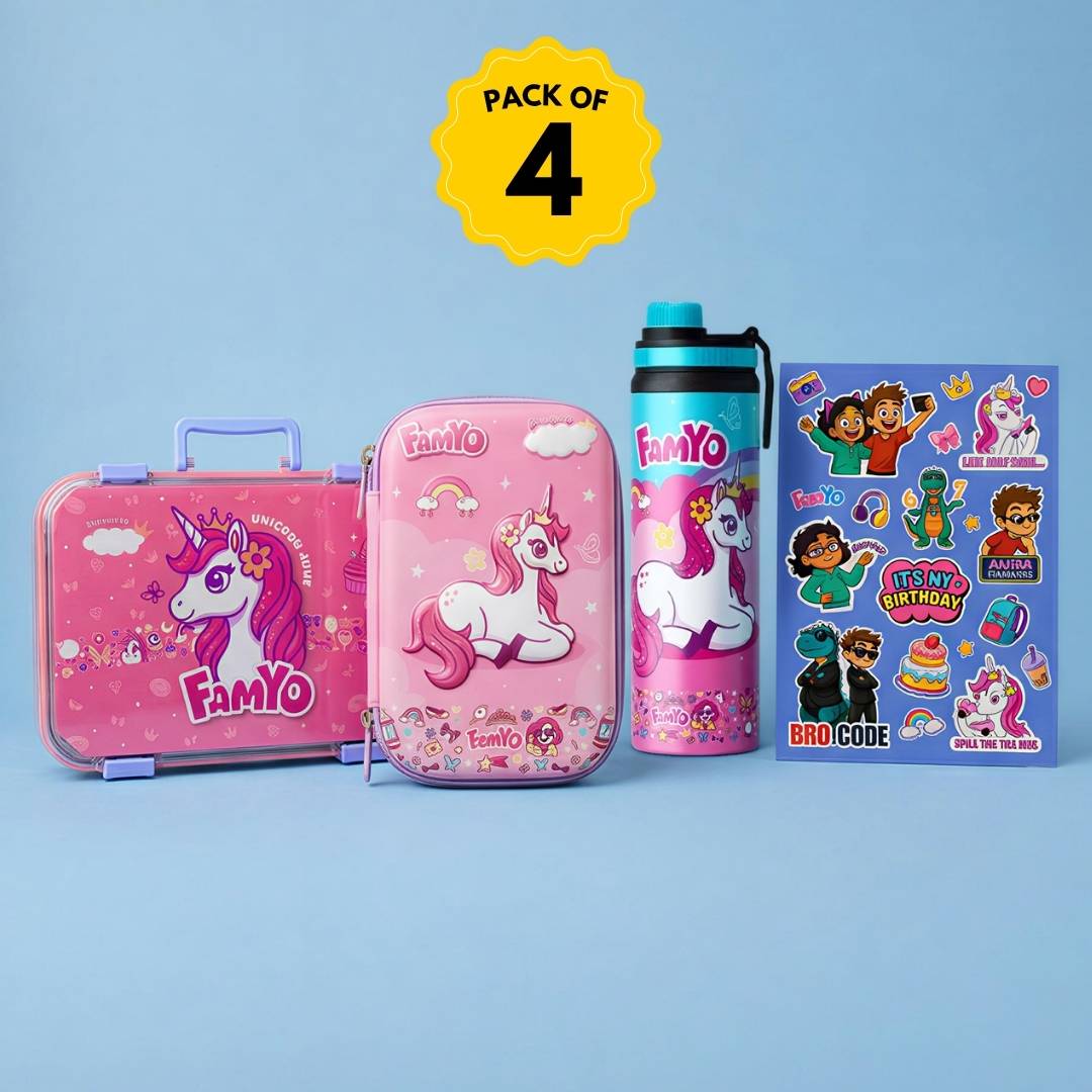 Famyo June the unicorn combo kit for kids - bento lunch box, water bottle, pencil pouch, sticker sheet