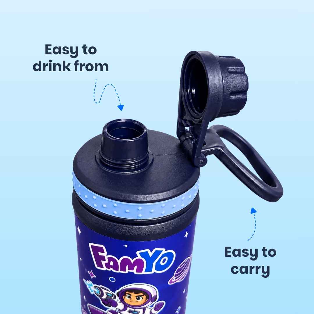 Kids stainless steel water bottle available in June the Unicorn, Rexy the Dinosaur, Leo the Astronaut, Dark Blue Astronaut, and Lavender Unicorn designs, featuring a 900 ml capacity, ideal for school, travel, and everyday hydration.