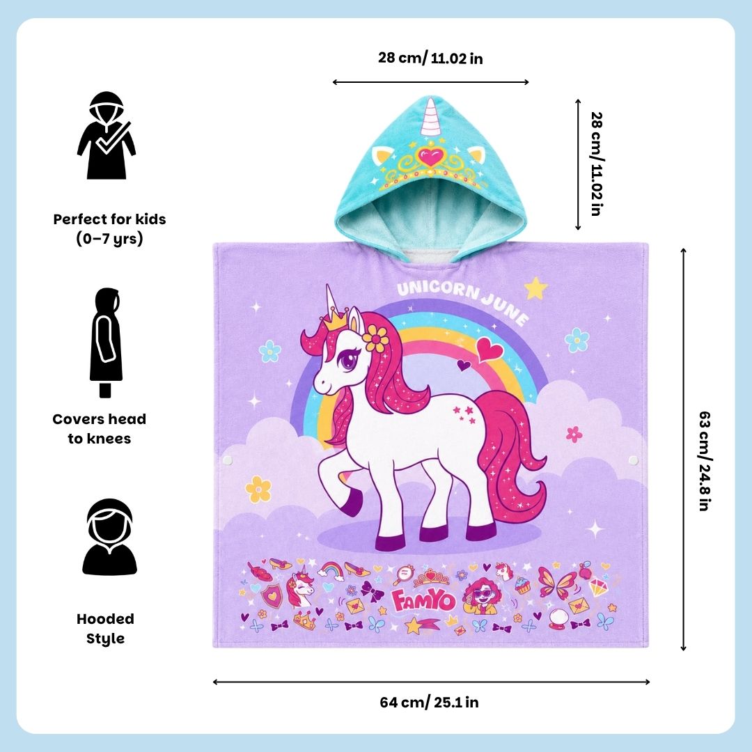 Purple June Unicorn hooded poncho towel for kids featuring ultra-soft quick-dry microfiber fabric, lightweight wearable design, attached hood, knee-length coverage, and ideal for bath, beach, pool, swimming, travel, and everyday use.