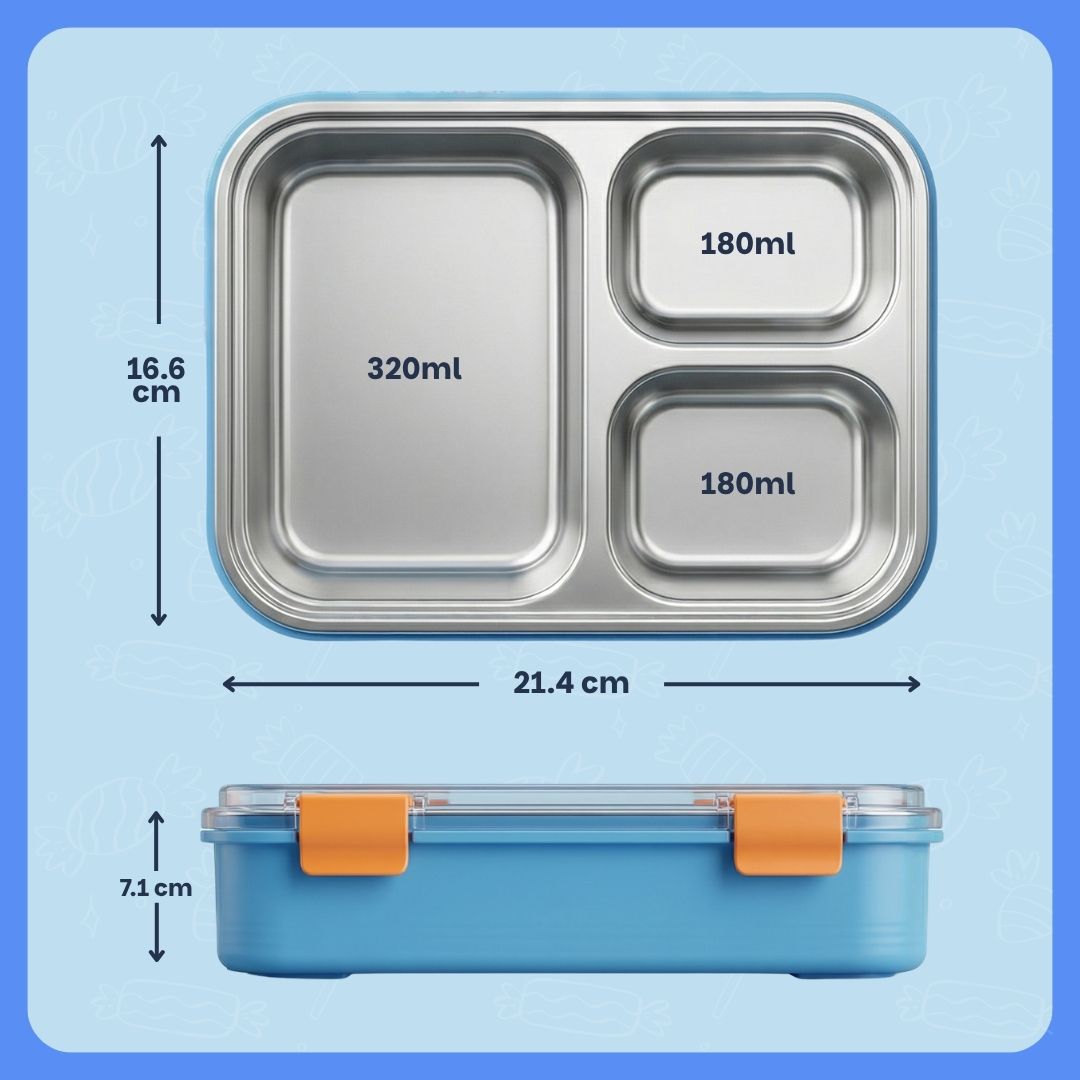 Rexy the Dino bento lunch box for kids featuring 3 stainless steel compartments, 680 ml leakproof design, BPA-free outer body, child-friendly locking clips, organised meal storage, and perfect for school lunches, travel, daycare, and everyday use.