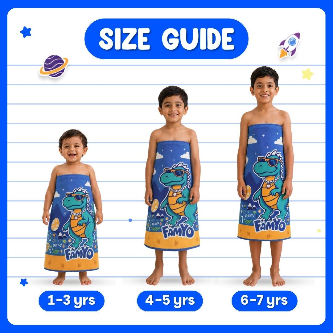Famyo Rexy the Dinosaur Flat Towel for Kids made with premium microfiber fabric featuring quick dry technology, lightweight and travel friendly design, fade resistant print, soft and highly absorbent for bath, beach, swimming and everyday use.