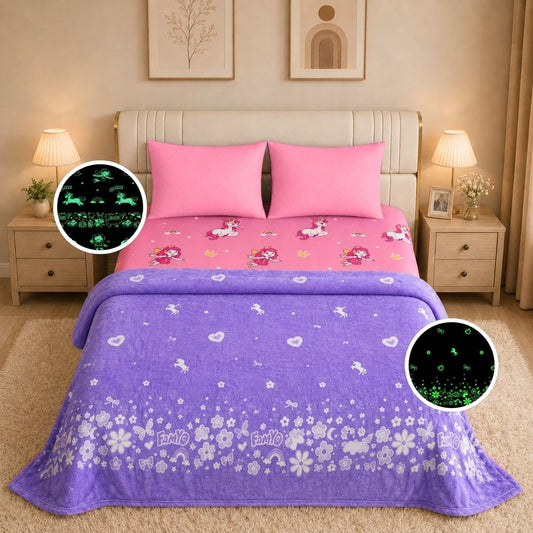Lavender Unicorn Glow Blanket & June the Unicorn Glow Bedsheet Set for Kids | 4 PC Glow in the Dark Bedding Set | Queen Size Blanket & King Size Bedsheet