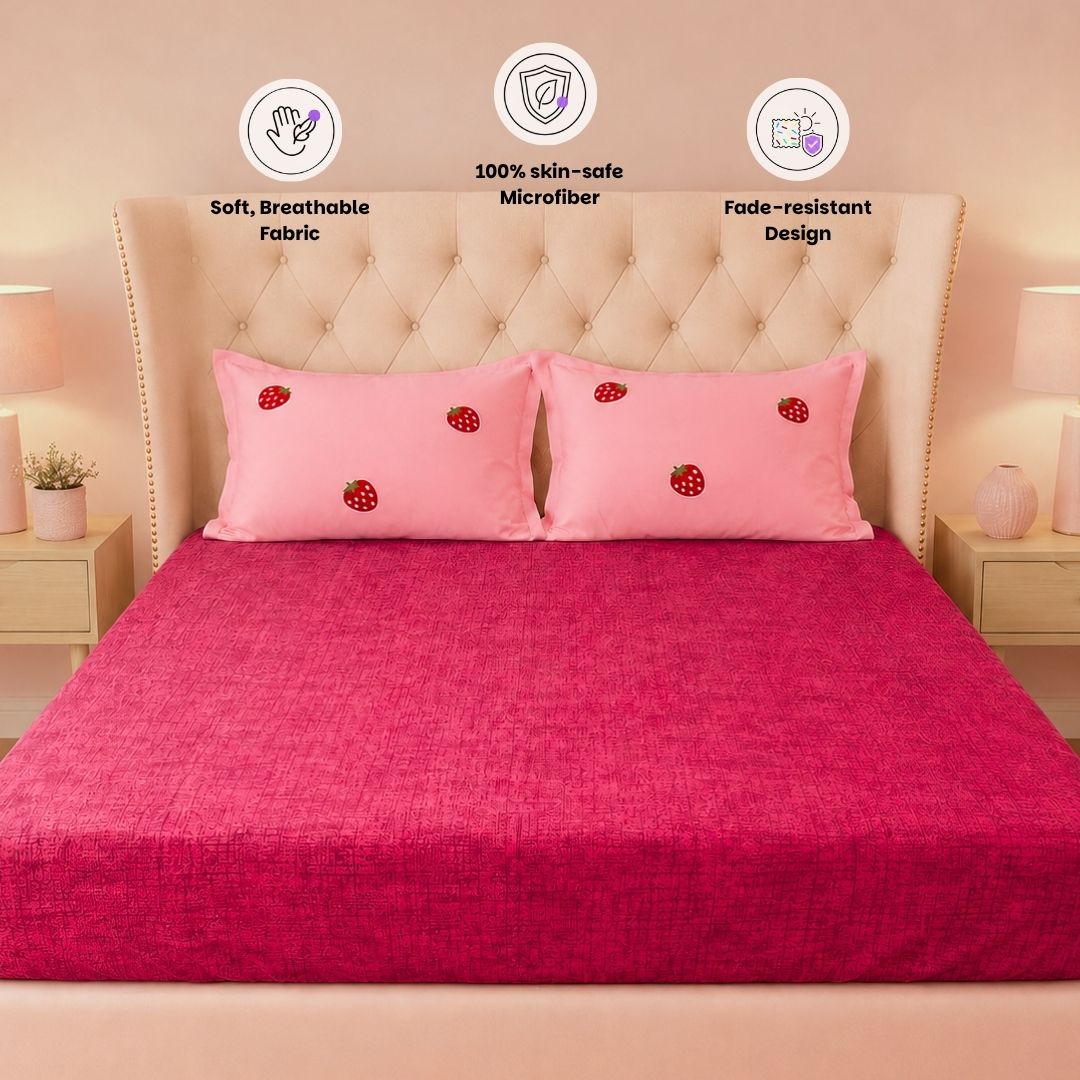 5pc Kids Bed Set – King Size Fitted Bedsheet , Comforter Cover, 2 Pillow Covers & Comforter | Strawberry Pink Theme