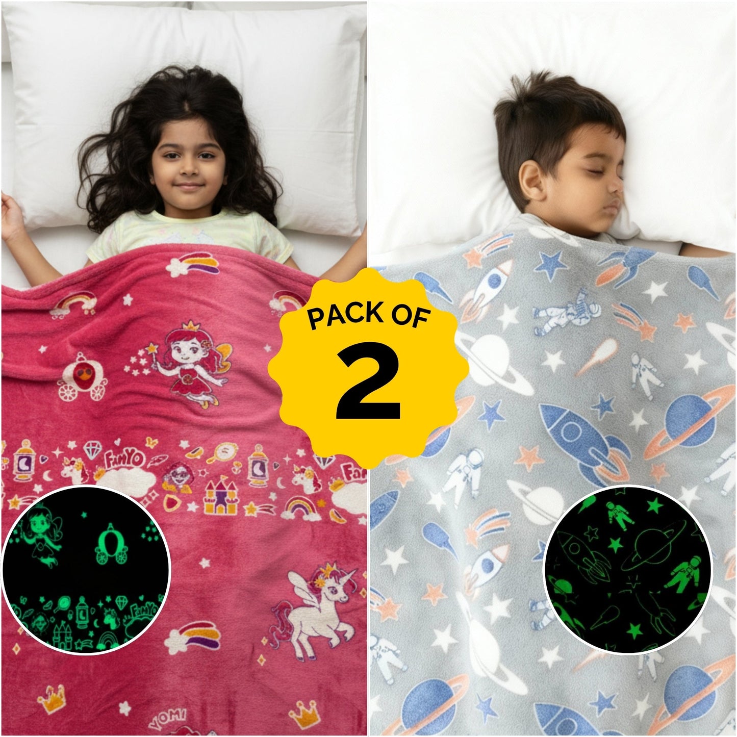 Rocket & June the Unicorn Glow in the Dark Blankets for Kids | Set of 2 Soft Glow Blankets | Safe, Skin-Friendly Throw Blankets | Ages 0–15 Years Famyo Shop WH