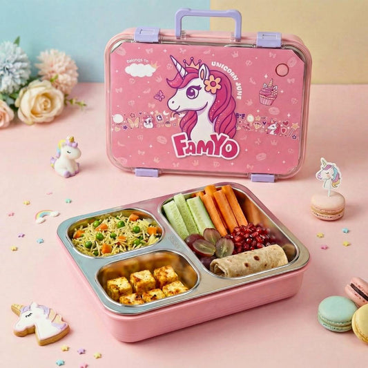 Famyo June Unicorn Bento Lunch Box for Kids | Leakproof School Tiffin Box with Stainless Steel Compartments | 3-Section Kids Lunch Box for School