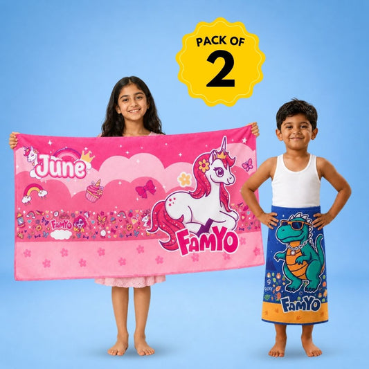 June the Unicorn and Rexy the Dino kids towel combo featuring two soft quick-dry terry towels, lightweight absorbent fabric, 70 × 140 cm size, and perfect for bath, beach, pool, swimming, travel, and everyday use.