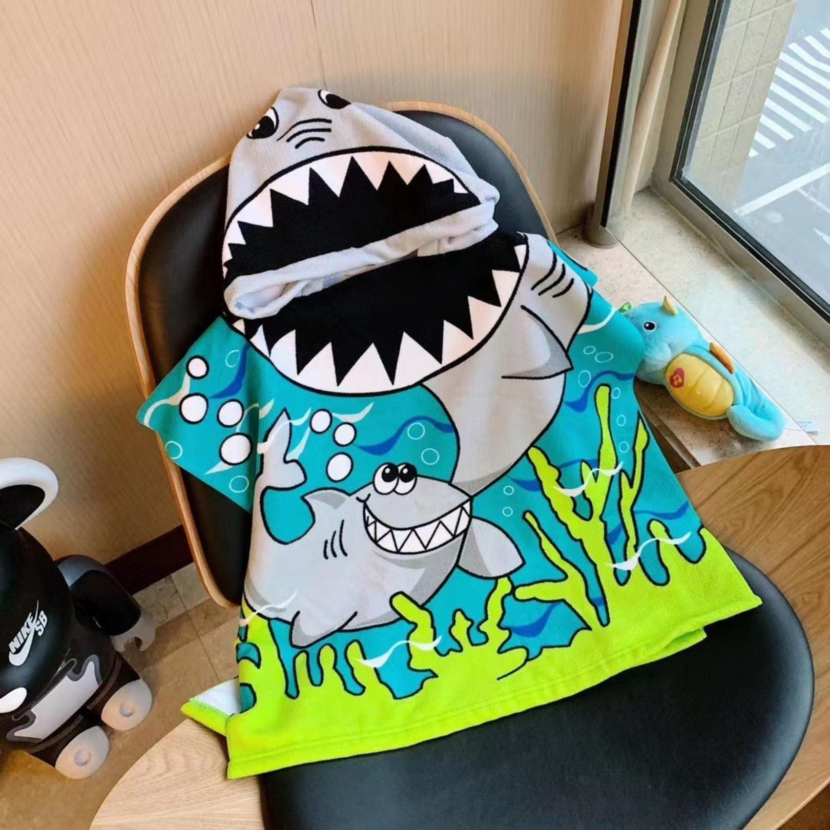 Cute Shark Poncho Towel for Kids | Hooded Beach Bath Towels for Boys & Girls | 60 x 60cm Toddler Pool Towel with Hood