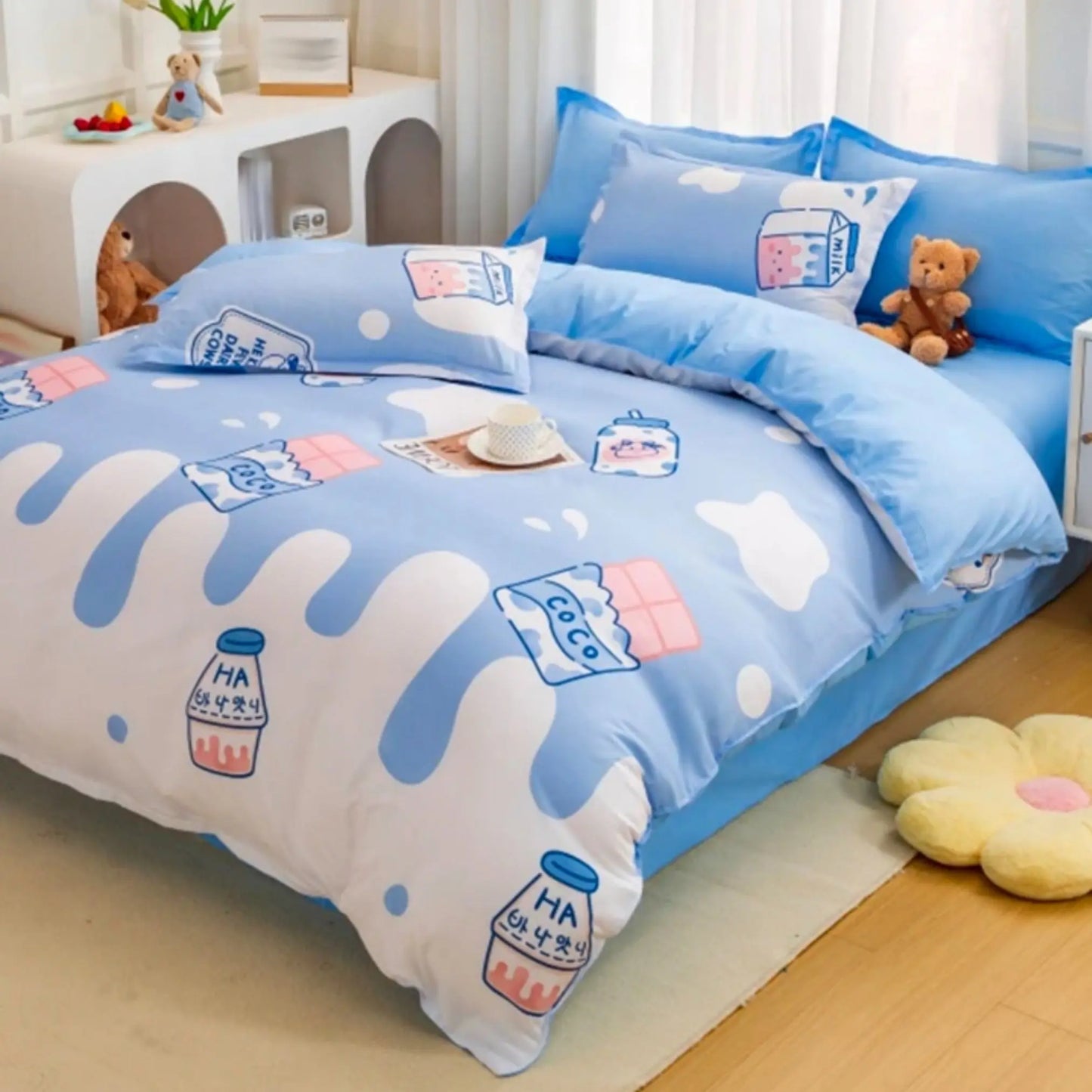 Matching Pillow Covers in sky blue Milk and Chocolate design, perfect for a kids' room makeover