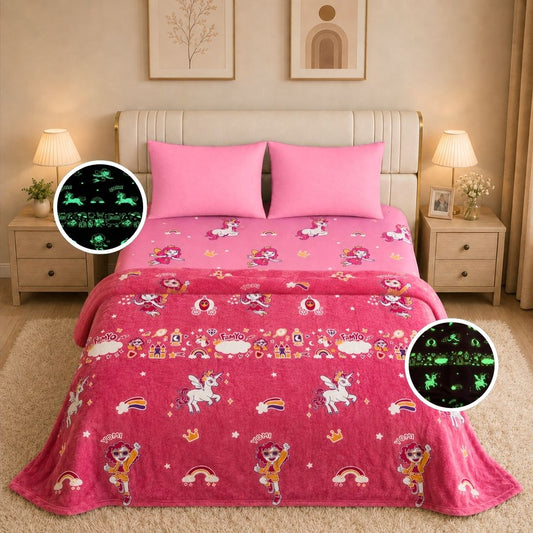 June the Unicorn Glow in the Dark Quilt/Blanket/AC Comforter & Glow Bedsheet Set for Kids | 4 PC Queen Size Bedding Set | Glow Maxx Series