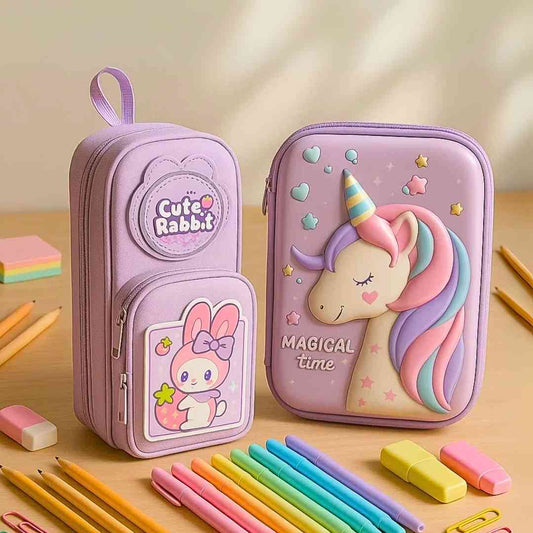 Famyo School Supplies Bundle – Pink Rabbit Pencil Pouch for Girls + Pink Unicorn Pencil Case for Girls | 3-Compartment Zipper Pouch + Hard Shell Pencil Box