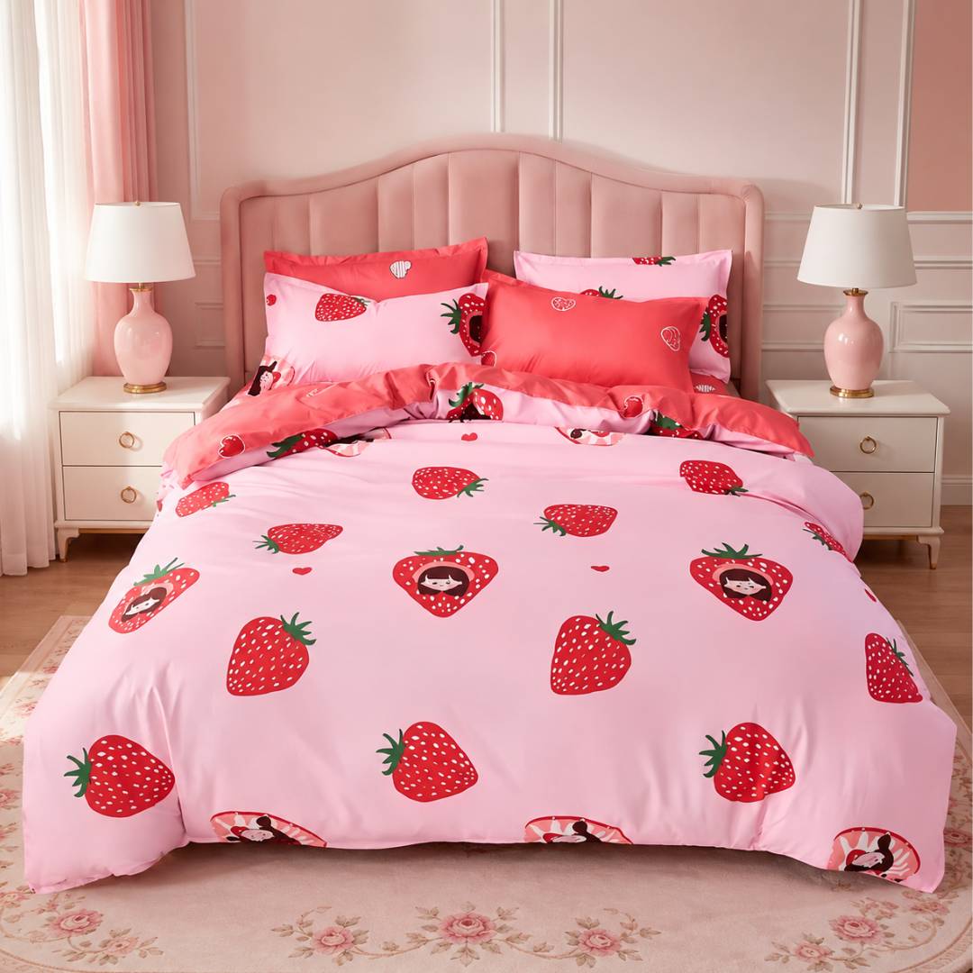 Strawberry Pink King Size AC Comforter Set | 4 & 5 Piece Options | 250 TC Cotton Fitted Bedsheet | 150 GSM Lightweight All-Season Bedding Set with Pillow Covers