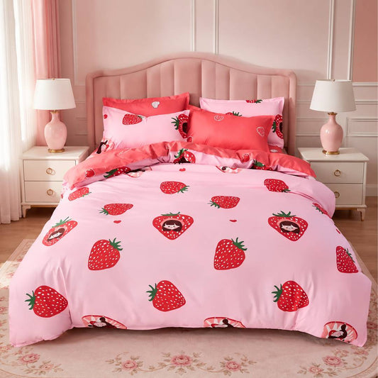 Strawberry Pink King Size AC Comforter Set | 4 & 5 Piece Options | 250 TC Cotton Fitted Bedsheet | 150 GSM Lightweight All-Season Bedding Set with Pillow Covers