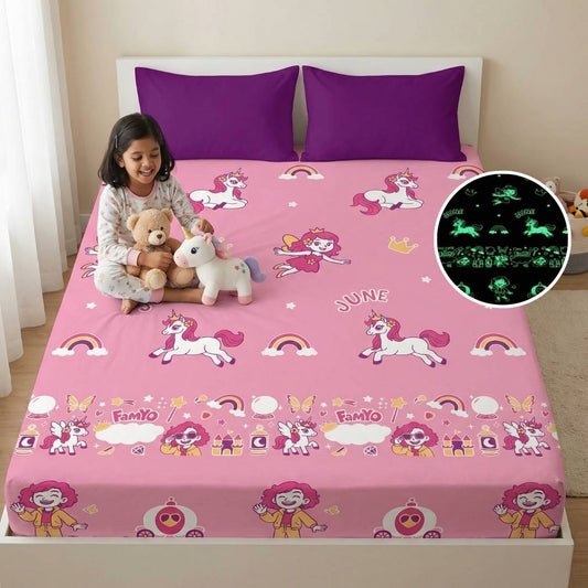 June the Unicorn King Size Glow Bedsheet Set | Glow Maxx Series | 300 TC Premium Cotton-Blend Microfiber | Perfect Gift for Kids