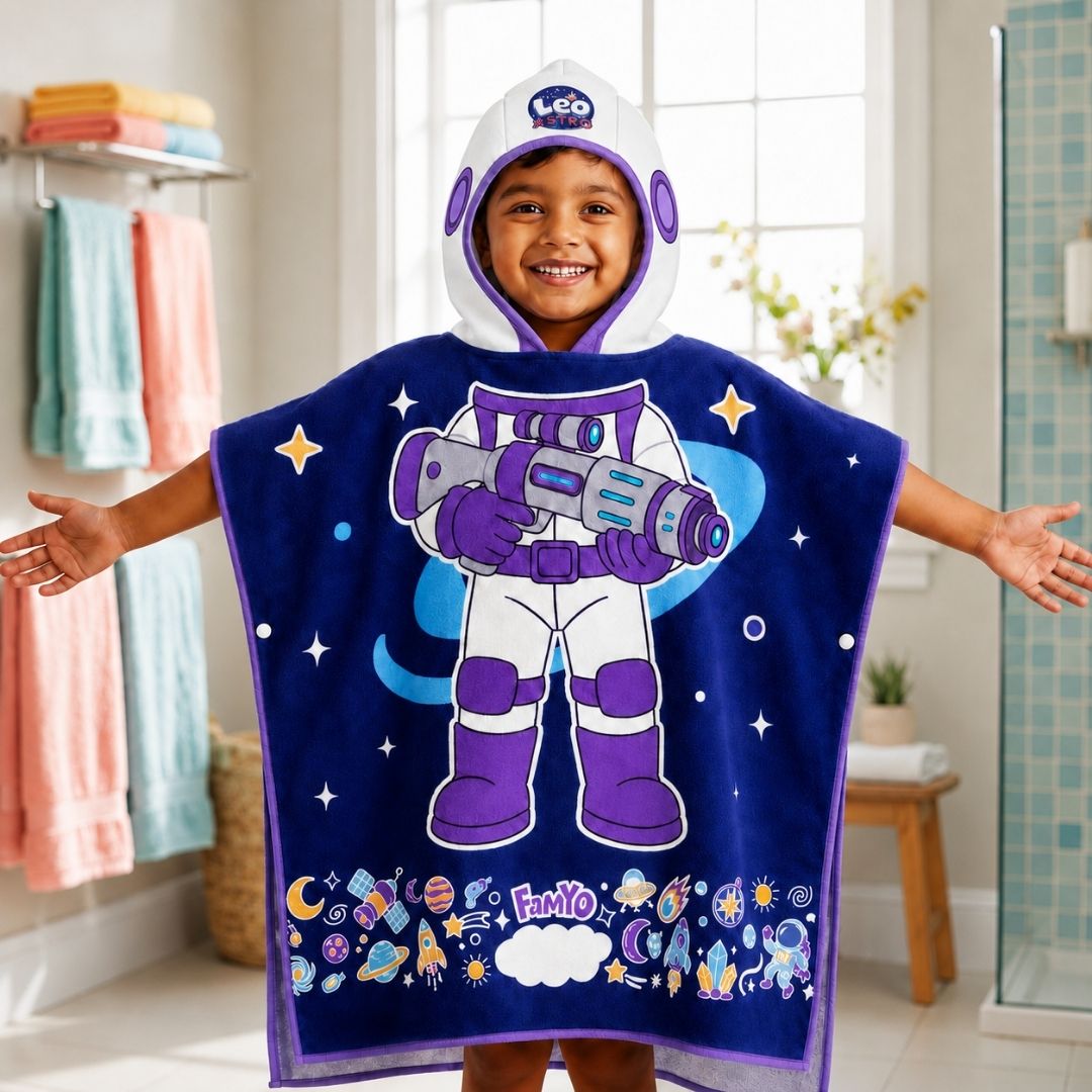 Dark Blue Astronaut hooded poncho towel for kids featuring ultra-soft quick-dry microfiber fabric, lightweight wearable design, attached hood, knee-length coverage, and ideal for bath, beach, pool, swimming, travel, and everyday use.