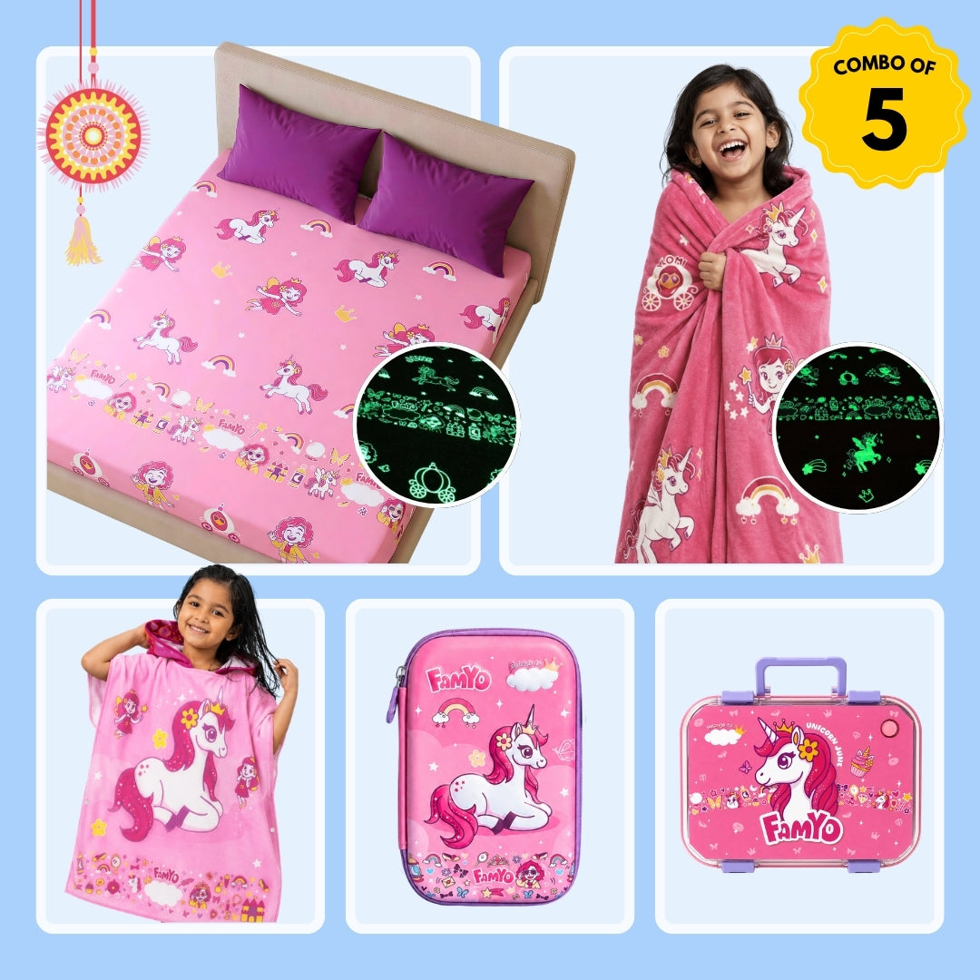 June the Unicorn character bundle for kids featuring a Glow Blanket, Glow Bedsheet, Hooded Poncho Towel, 800 ml Bento Lunch Box, and Hard Shell Pencil Pouch, perfect for school, bath time, bedtime, travel, and gifting.