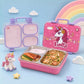 June the Unicorn bento lunch box for kids featuring 3 stainless steel compartments, 680 ml leakproof design, BPA-free outer body, child-friendly locking clips, organised meal storage, and perfect for school lunches, travel, daycare, and everyday use.