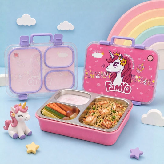 June the Unicorn bento lunch box for kids featuring 3 stainless steel compartments, 680 ml leakproof design, BPA-free outer body, child-friendly locking clips, organised meal storage, and perfect for school lunches, travel, daycare, and everyday use.