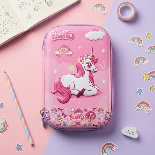 Famyo June Unicorn Pencil Box for Kids | Hard Shell EVA Pencil Case with 3 Compartments & 2 Zipper | Cute School Stationery Organizer for School