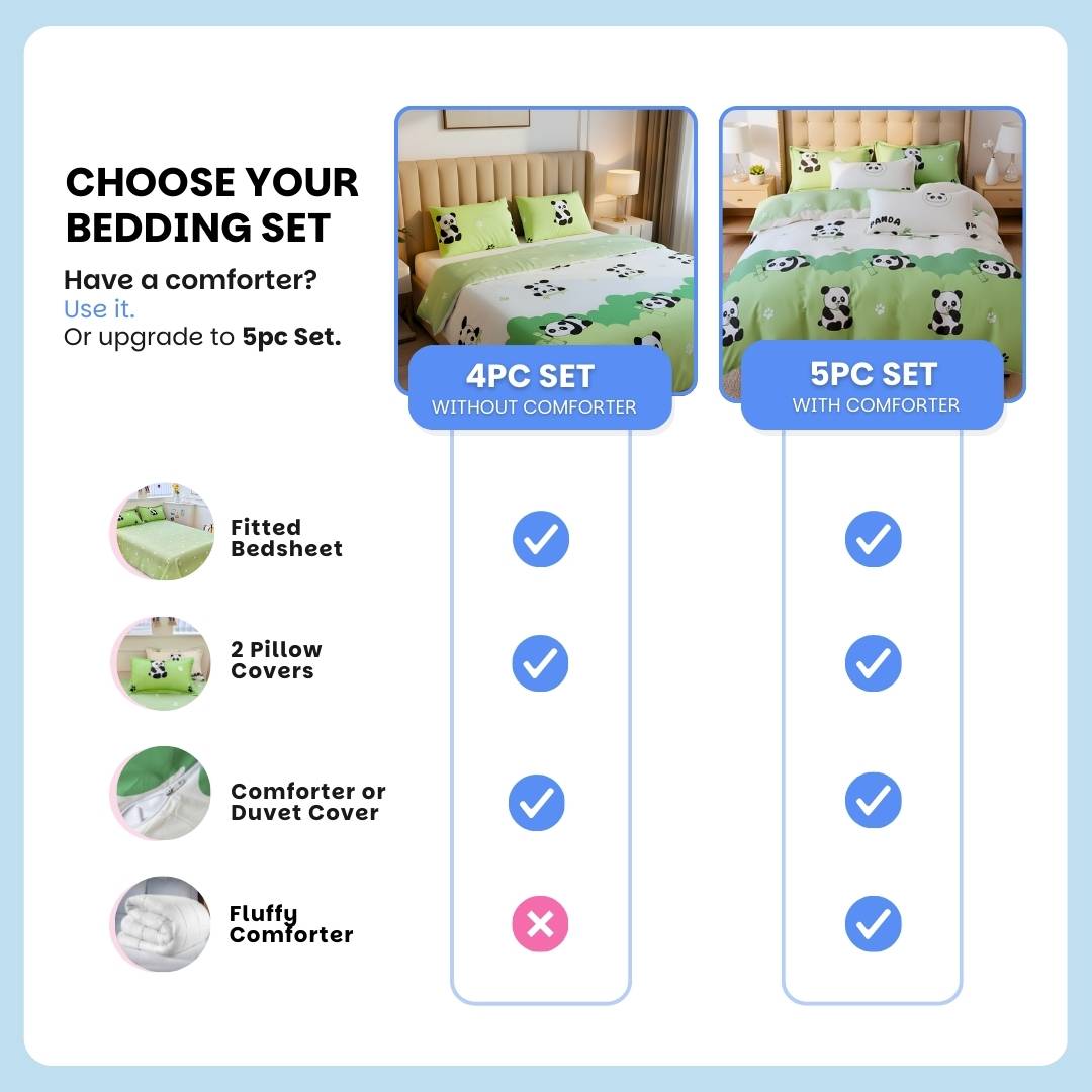Green Panda 250TC King Bed Sheet Set (Set of 4 or Set of 5)