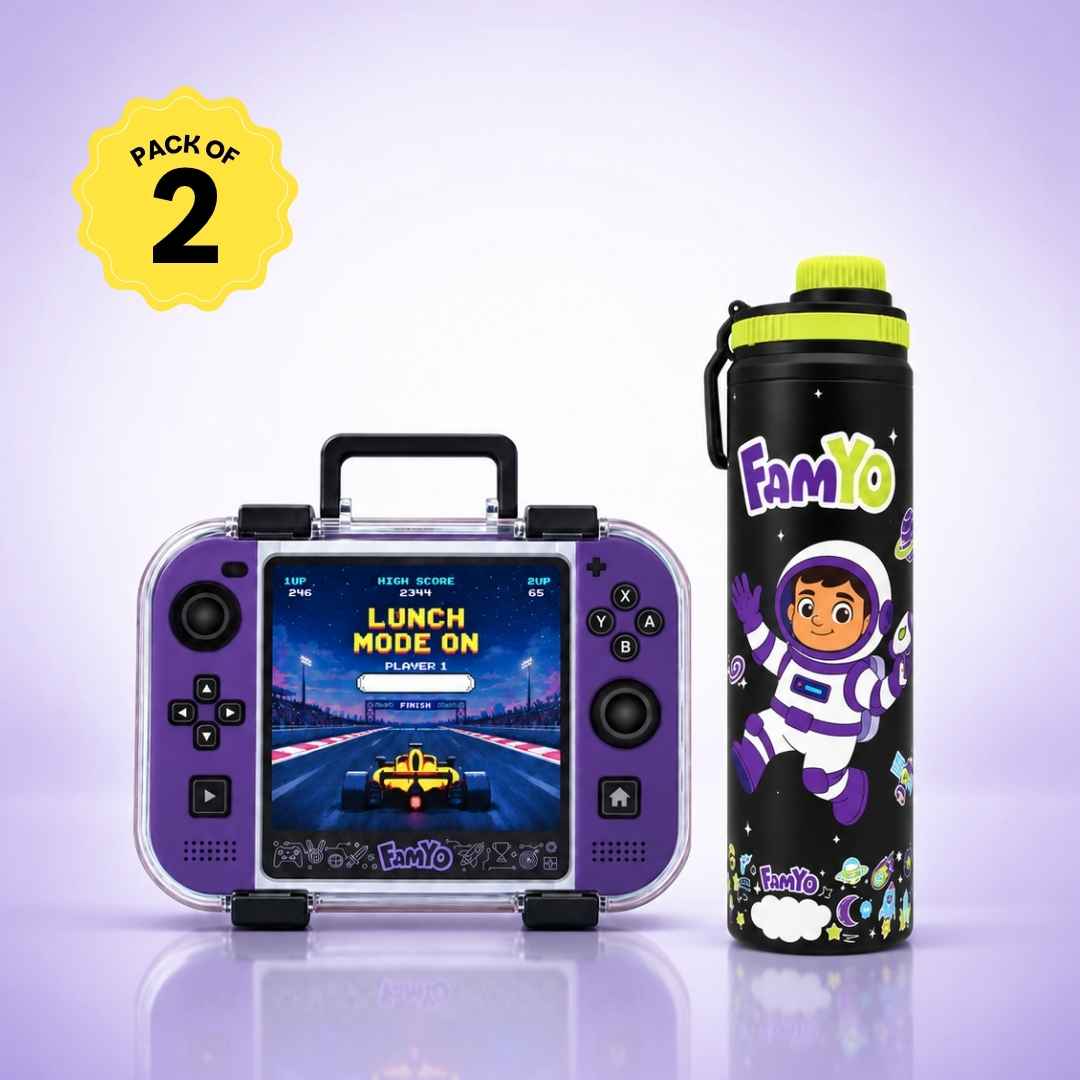Game On Bento Lunch Box & Leo Astronaut Water Bottle Combo for Kids | Leakproof Bento Box & 900 ML Stainless Steel Water Bottle | School Essentials Set | Perfect for Festive Gifting