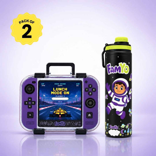 Game On Bento Lunch Box & Leo Astronaut Water Bottle Combo for Kids | Leakproof Bento Box & 900 ML Stainless Steel Water Bottle | School Essentials Set | Perfect for Festive Gifting