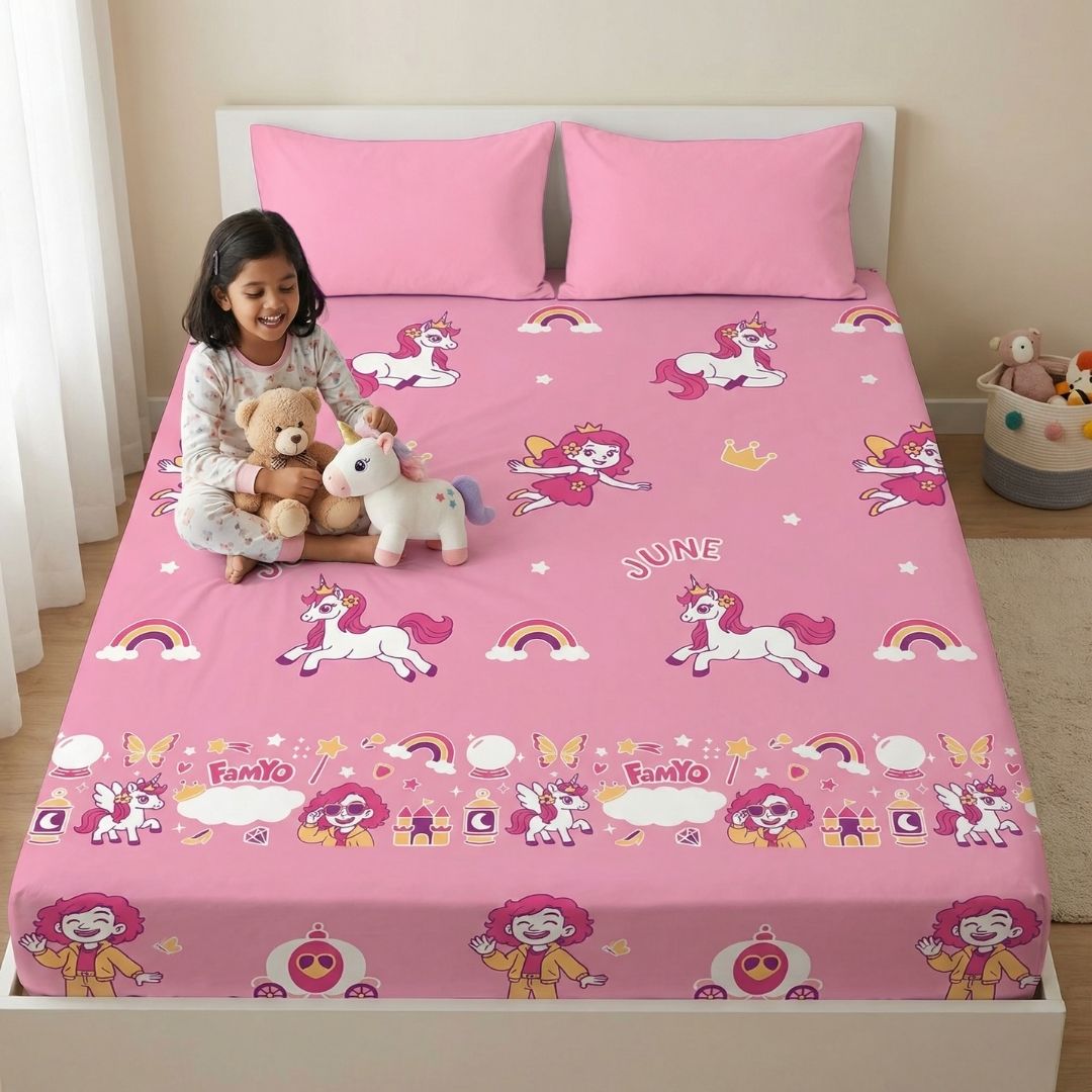 June the Unicorn Glow Bedsheet for Kids | King Size Bedsheet Set | 300 TC Cotton-Blend | Free Pillow Cover
