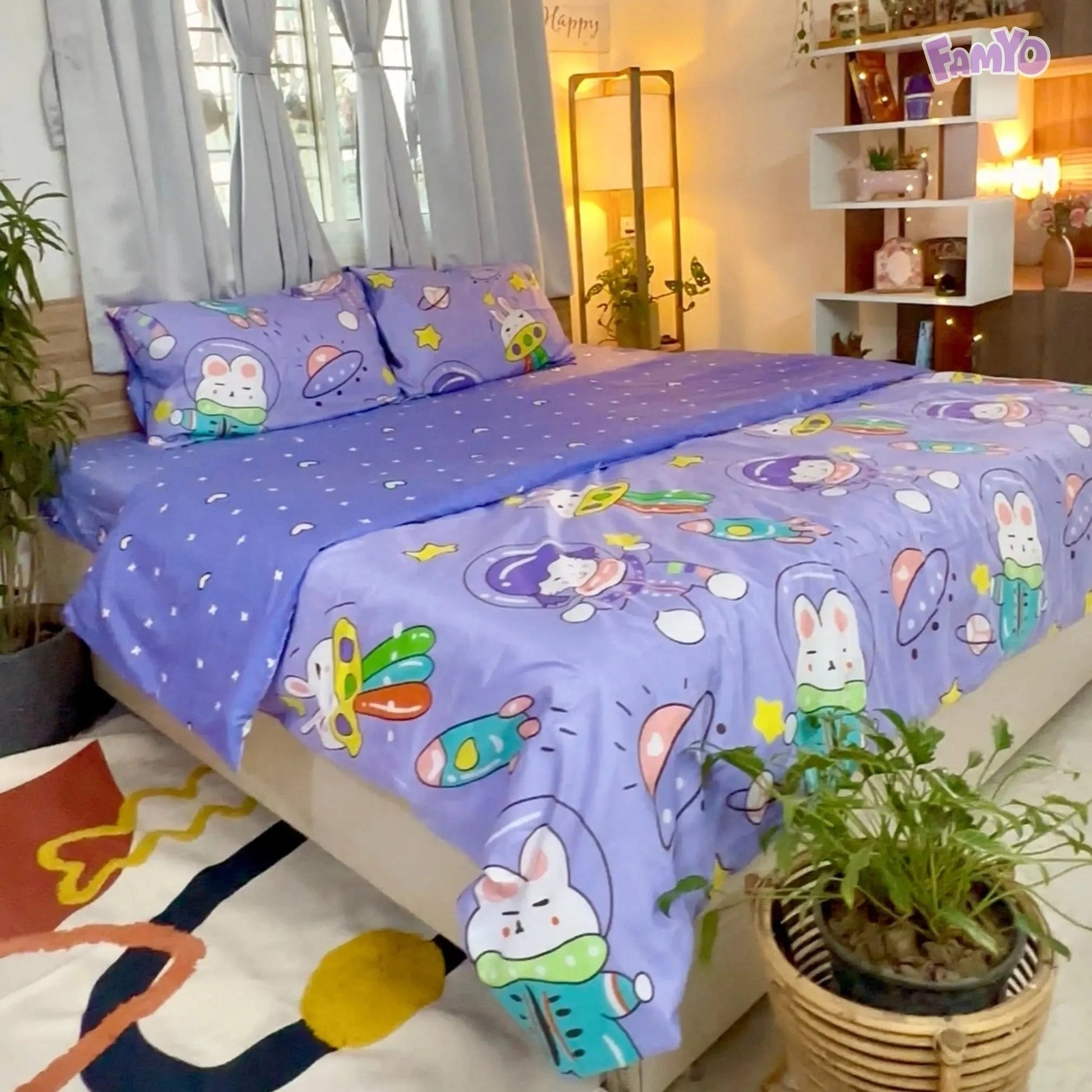 5pc Kids Bed Set – King Size Fitted Bedsheet Comforter Cover, Pillow Covers Comforter Purple Astronaut Theme