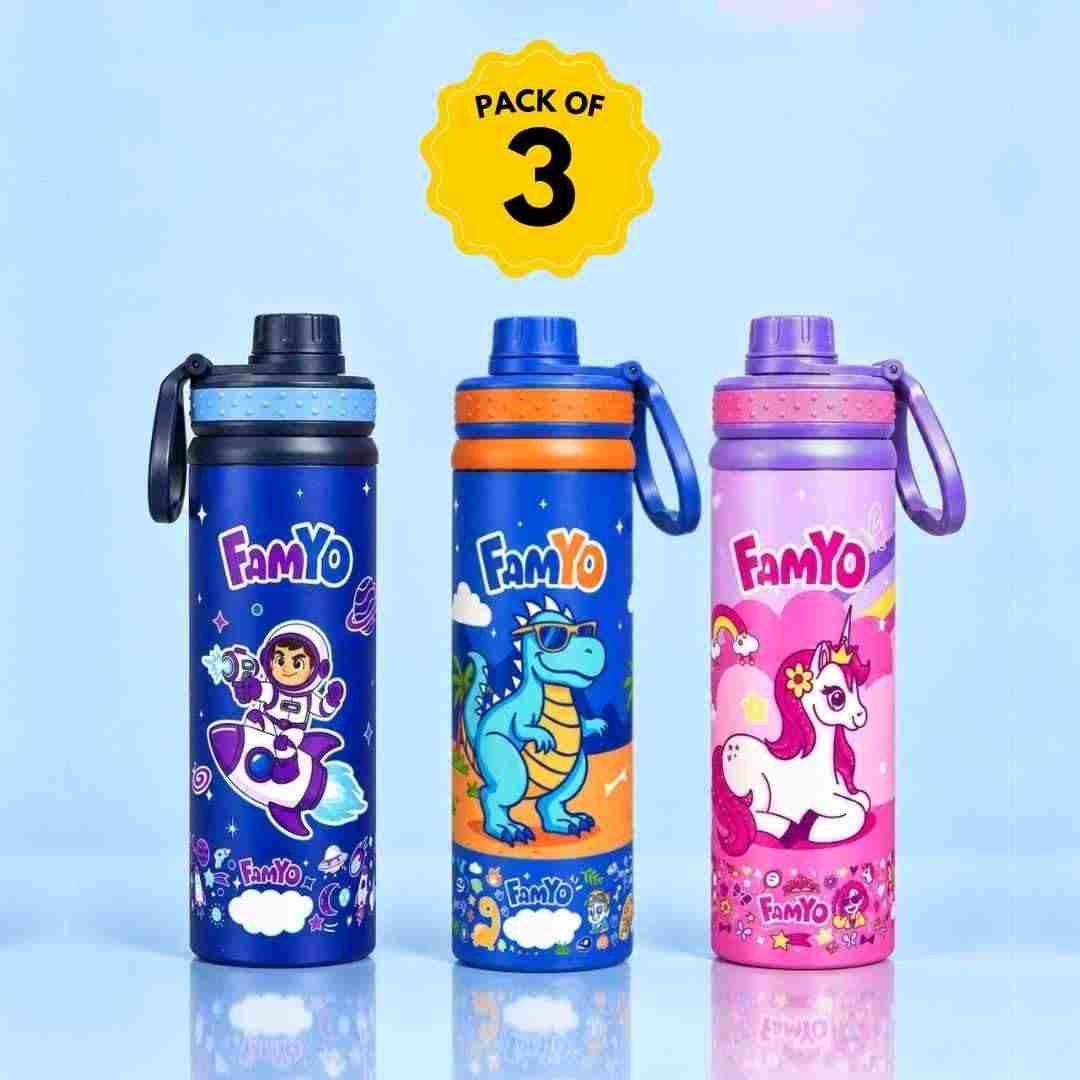 Leo the Astro, Rexy the Dino & June the Unicorn Water Bottle Set of 3 for Kids | 900 ML | Stainless Steel | School Water Bottles | Perfect for Festive Gifting