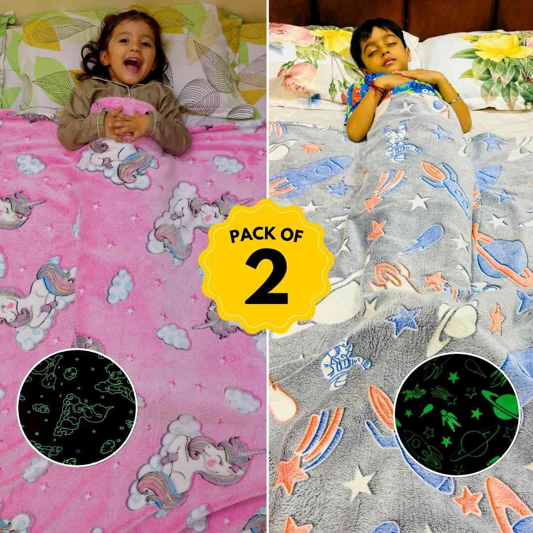 Famyo blanket set of 2 – glow in the dark unicorn and spaceship blankets for kids