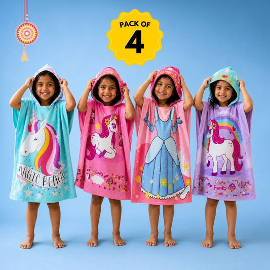June, Purple June, Magic Beach & Magical Princess Hooded Poncho Towel Combo for Kids | Pack of 4 Quick-Dry Microfiber Towels | Bath, Beach & Pool