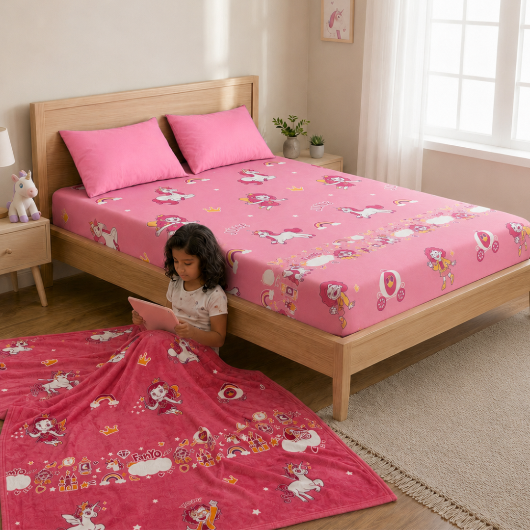June the Unicorn Glow in the Dark Blanket/Quilt/AC Comforter & Glow Bedsheet Set for Kids | 4 PC Queen Size Bedding Set | Glow Maxx Series