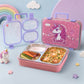 June the Unicorn bento lunch box for kids featuring 3 stainless steel compartments, leakproof design, BPA-free outer body, child-friendly locking clips, organised meal storage, and perfect for school lunches, travel, daycare, and everyday use.