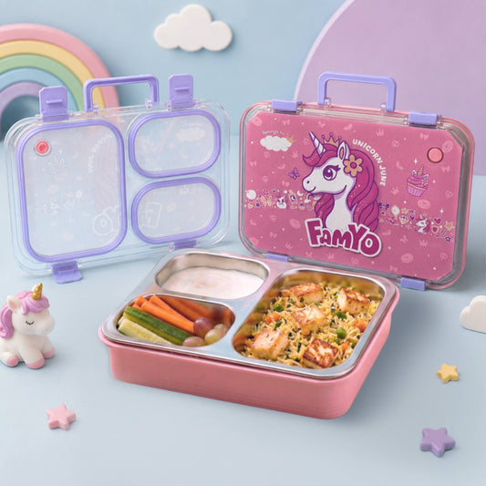 June the Unicorn bento lunch box for kids featuring 3 stainless steel compartments, leakproof design, BPA-free outer body, child-friendly locking clips, organised meal storage, and perfect for school lunches, travel, daycare, and everyday use.