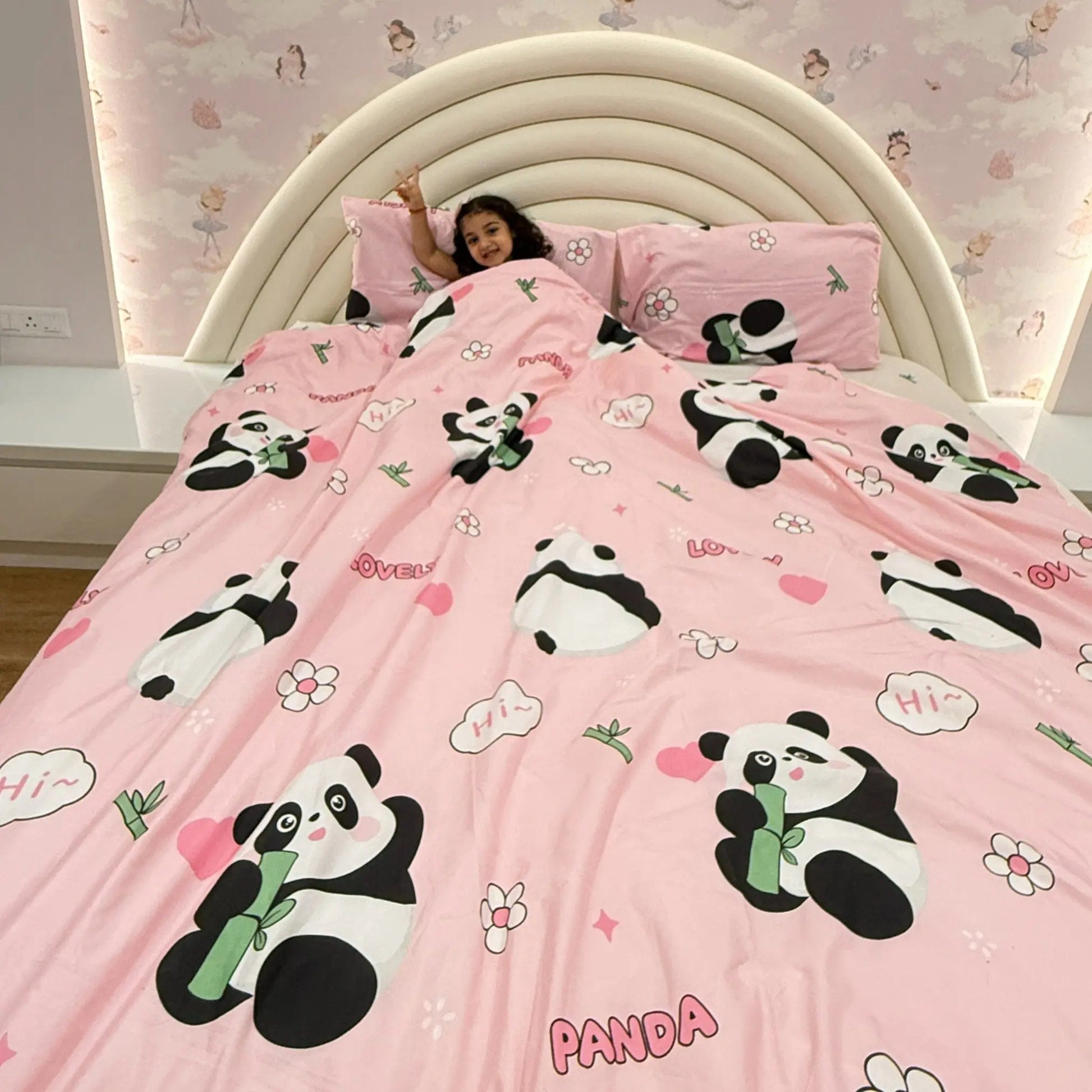 Kid Wrapped in Pink Sleepy Panda Designed Comforter Bedding set, perfect for winters