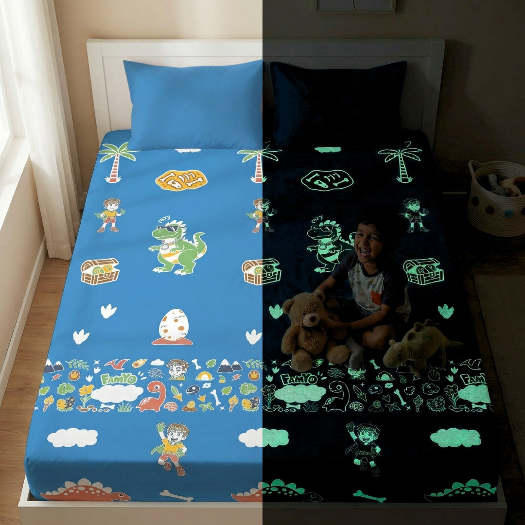 Rexy the Dino Glow Bedsheet for Kids | King Size Glow in the Dark Bedsheet Set | 300 TC Cotton-Blend | Famyo Glow Maxx